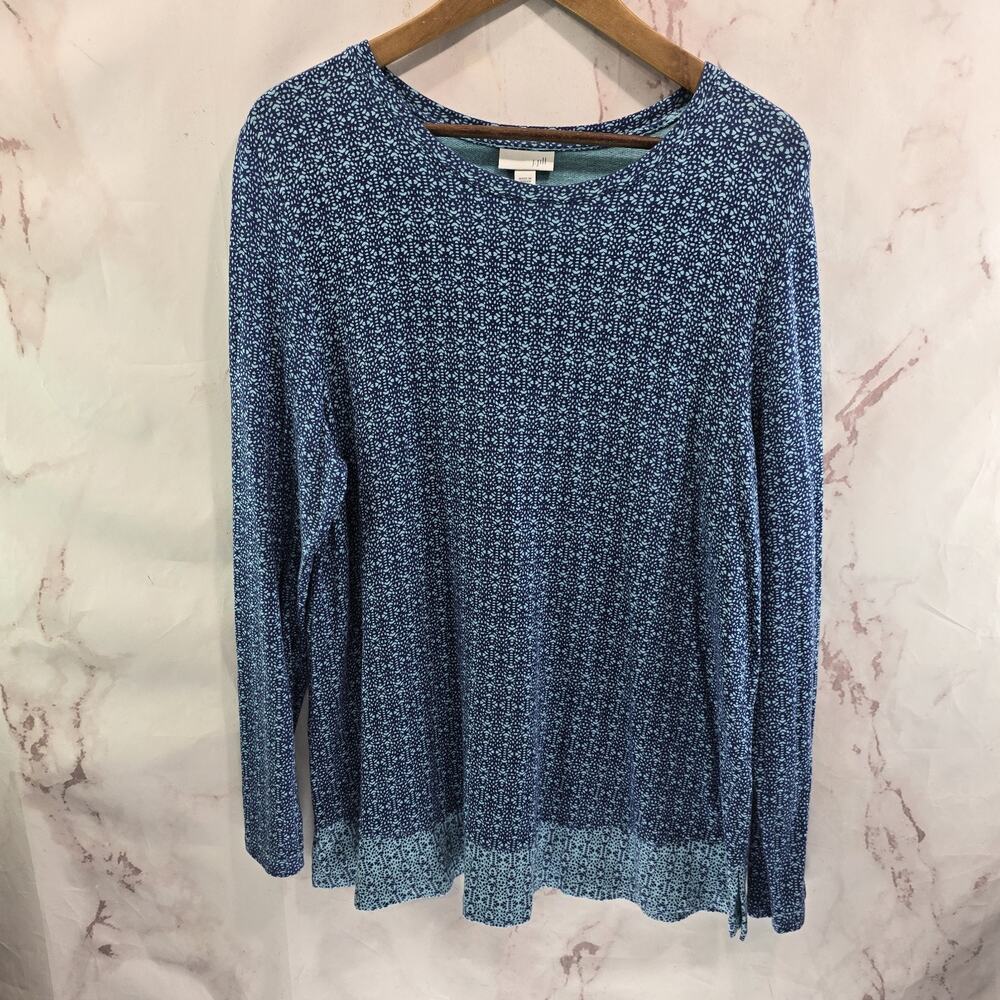 J Jill Shirt Womens Large Blue Long Sleeve Wearever Navy Geometric